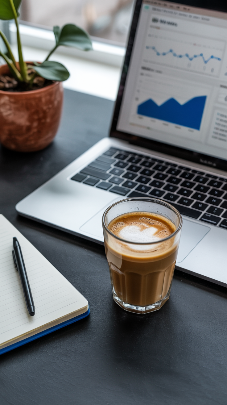 A quiet morning scene: laptop with analytics charts subtly visible, a half-drunk latte, and a notebook.