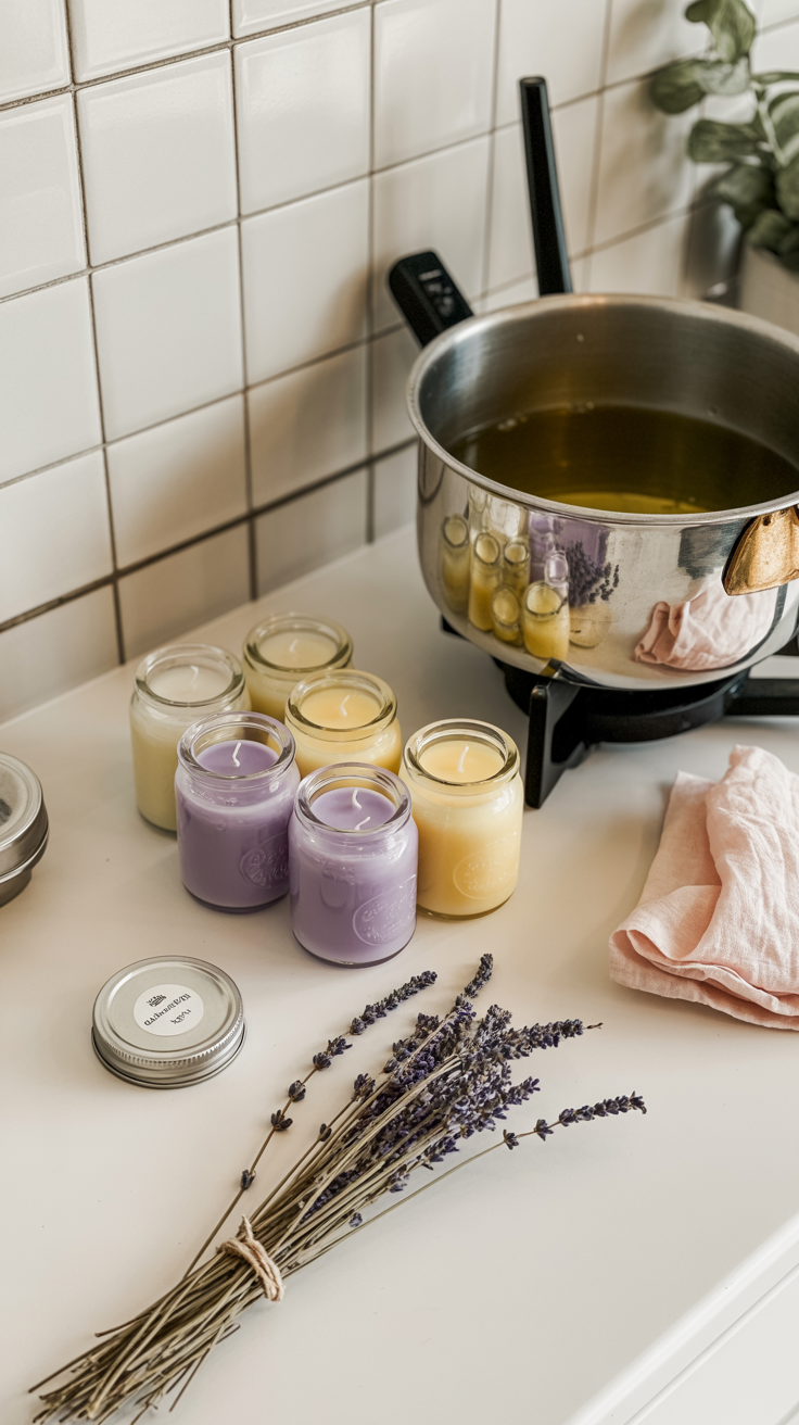A countertop scene: melting wax in a double boiler, pastel candle jars lined up, dried lavender sprigs scattered.