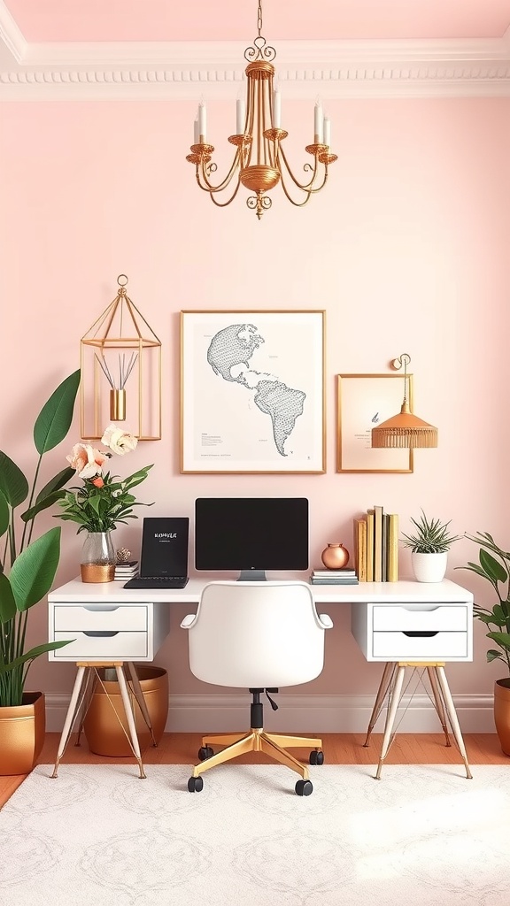 A stylish home office with pink walls, white furniture, and gold accents, featuring plants and modern decor.