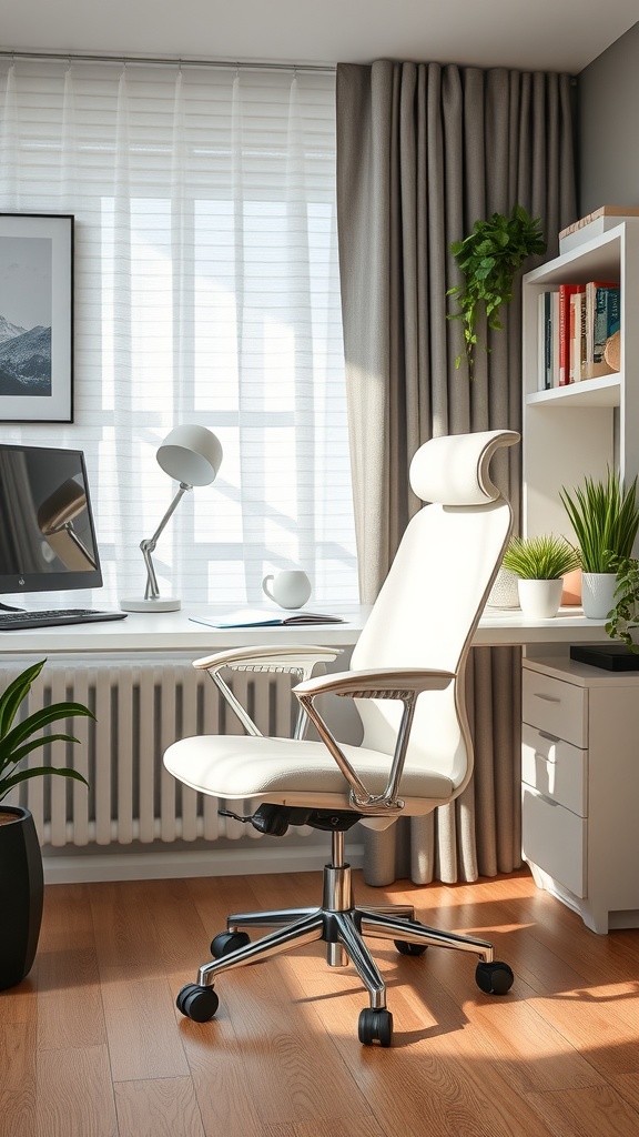 A modern white office chair in a stylish home office setting with plants and a desk.