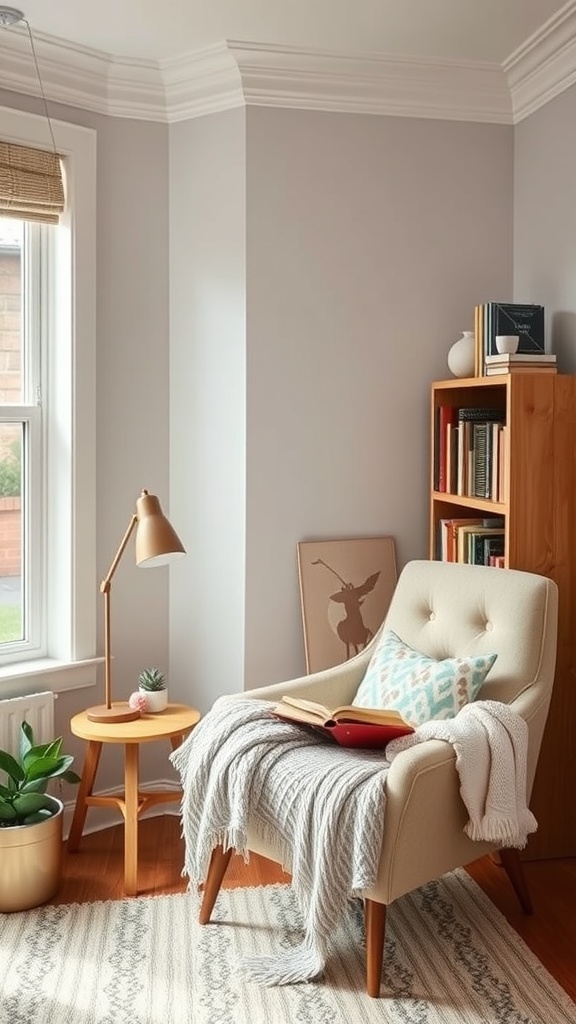 Cozy reading nook with a chair, side table, lamp, and bookshelf