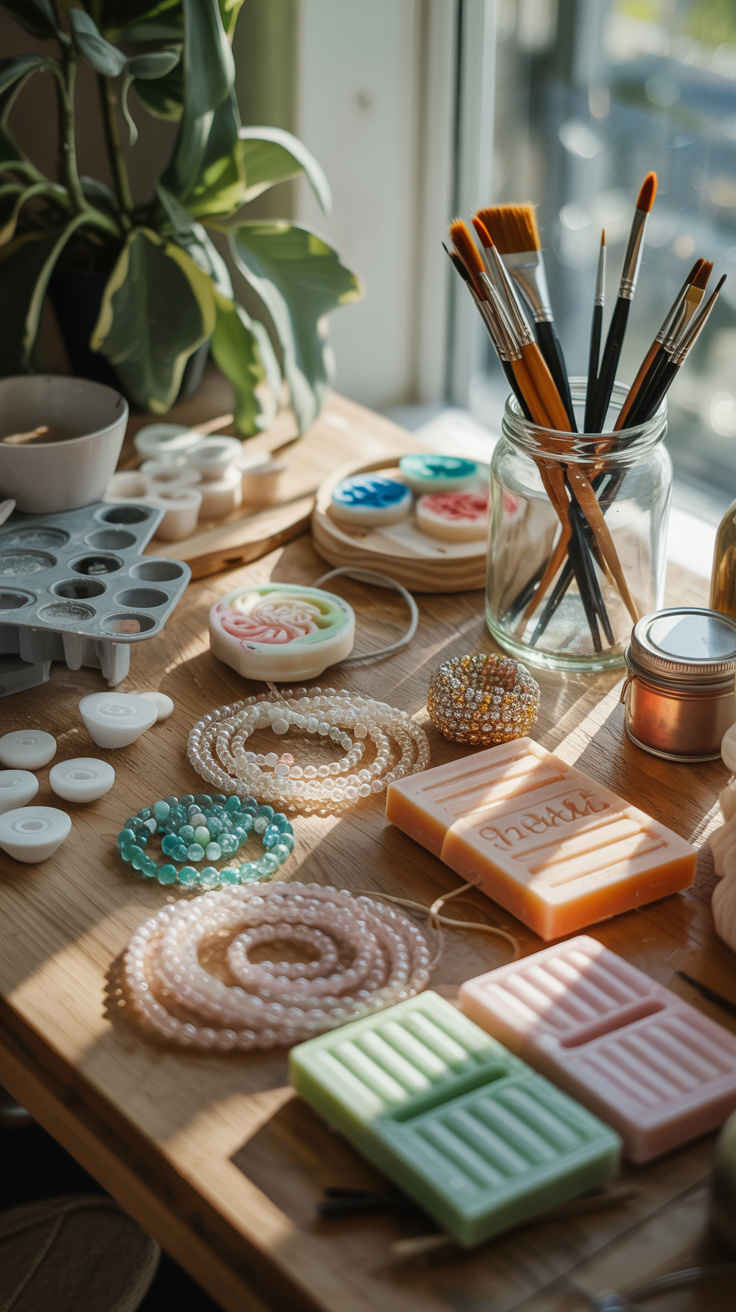 A sunlit craft table overflowing with glass beads, candle molds, and pastel soaps, paintbrushes resting in a jar.