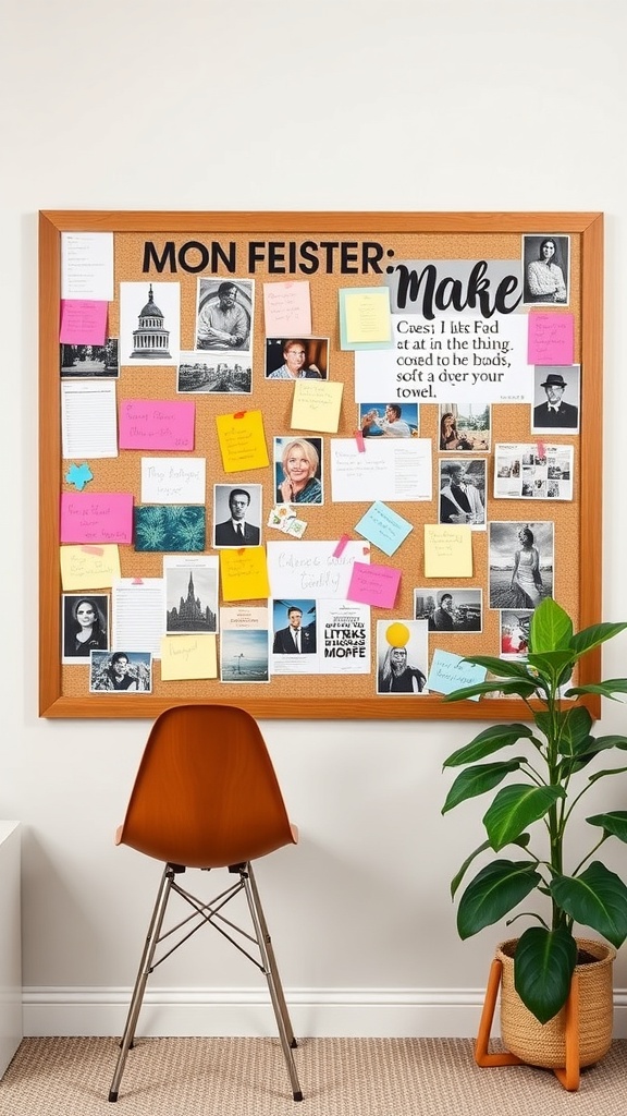 A creative bulletin board filled with sticky notes, photos, and quotes, with a stylish chair and plant in the foreground.