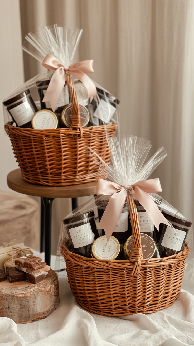 A warm scene: custom-made gift baskets made of wicker filled with curated items like candles and chocolates, tied with ribbons and tags.