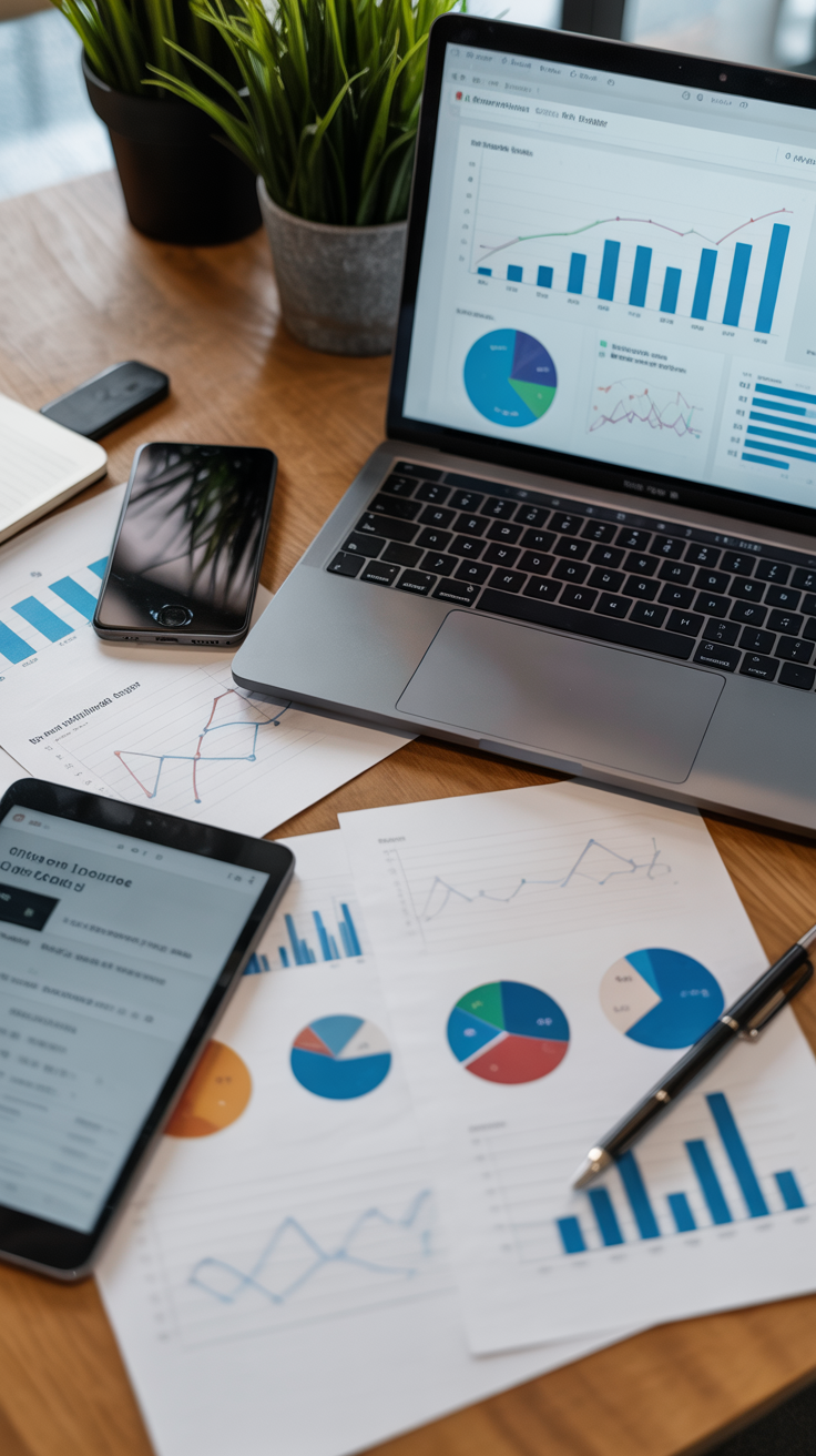 A desk with analytics graphs on a laptop, a smart mobile phone, an iPad, and strategic notes scattered around.
