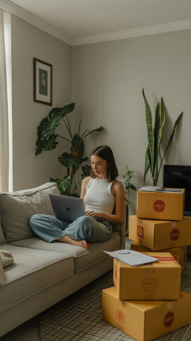 A relaxed living room scene shows a woman working on her laptop. Shipping boxes are also stacked nearby.