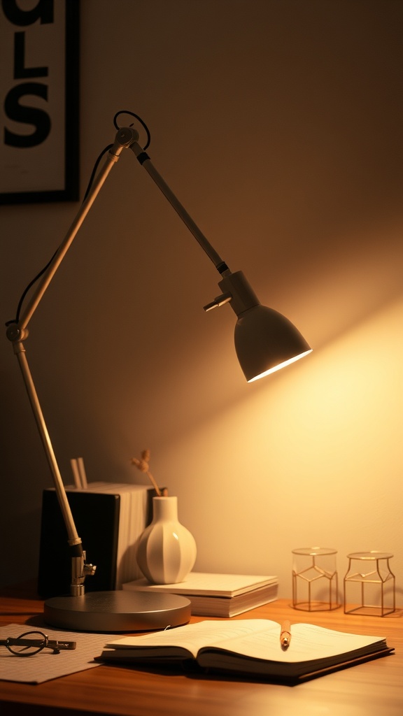 A stylish desk lamp illuminating a workspace with books and decorative items.