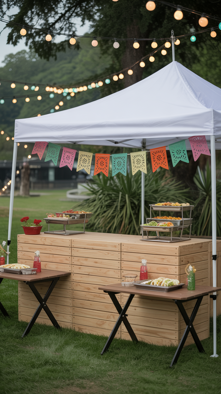 A cheerful pop-up taco bar setup with colorful pennant banners, small tables, and party lights overhead.

