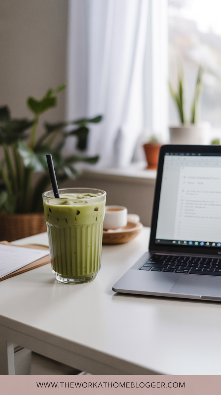 A cozy home desk with a steaming iced coffee, a laptop open to a blank document, soft morning light filtering through a window.