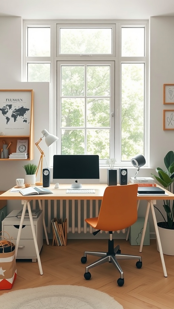 A bright home office with a desk, computer, orange chair, and plants by the window.