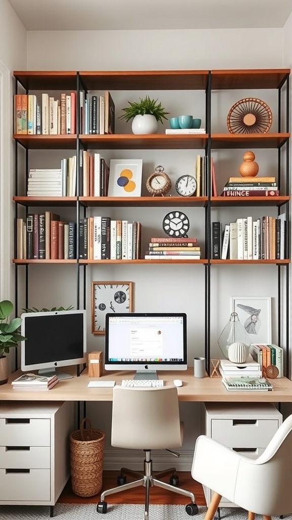 A stylish home office setup featuring a modern shelving unit filled with books, decorative items, and plants, alongside a desk with computers.