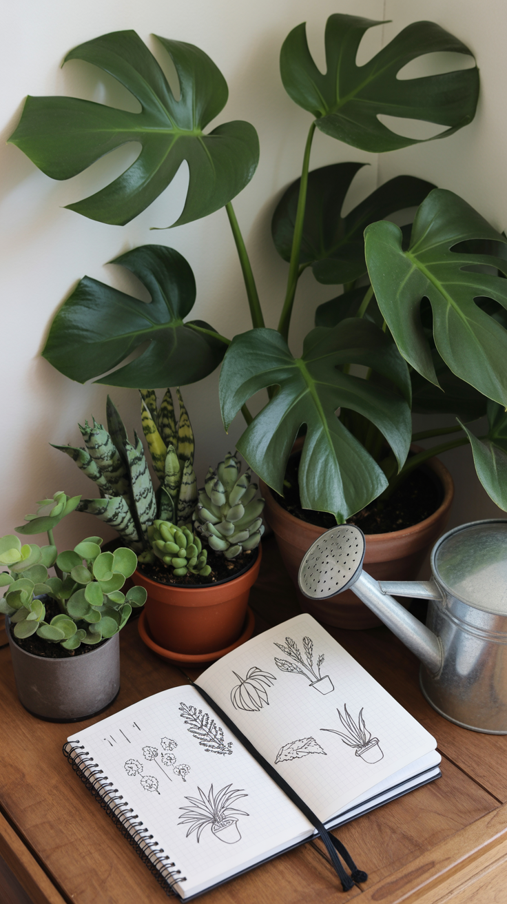 A lush corner garden: potted monstera, watering can, notebook with plant sketches.