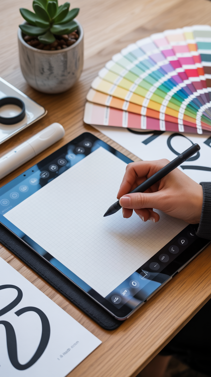A designer’s table with a stylus pen, a tablet showing vector shapes, and swatches of bold color palettes.