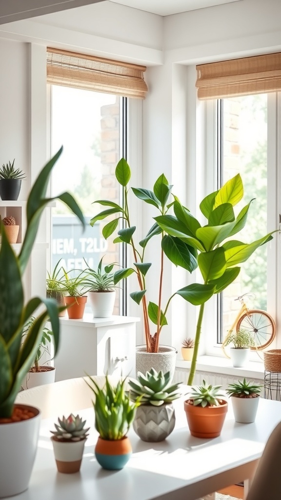 A bright home office filled with various indoor plants, showcasing a stylish workspace.
