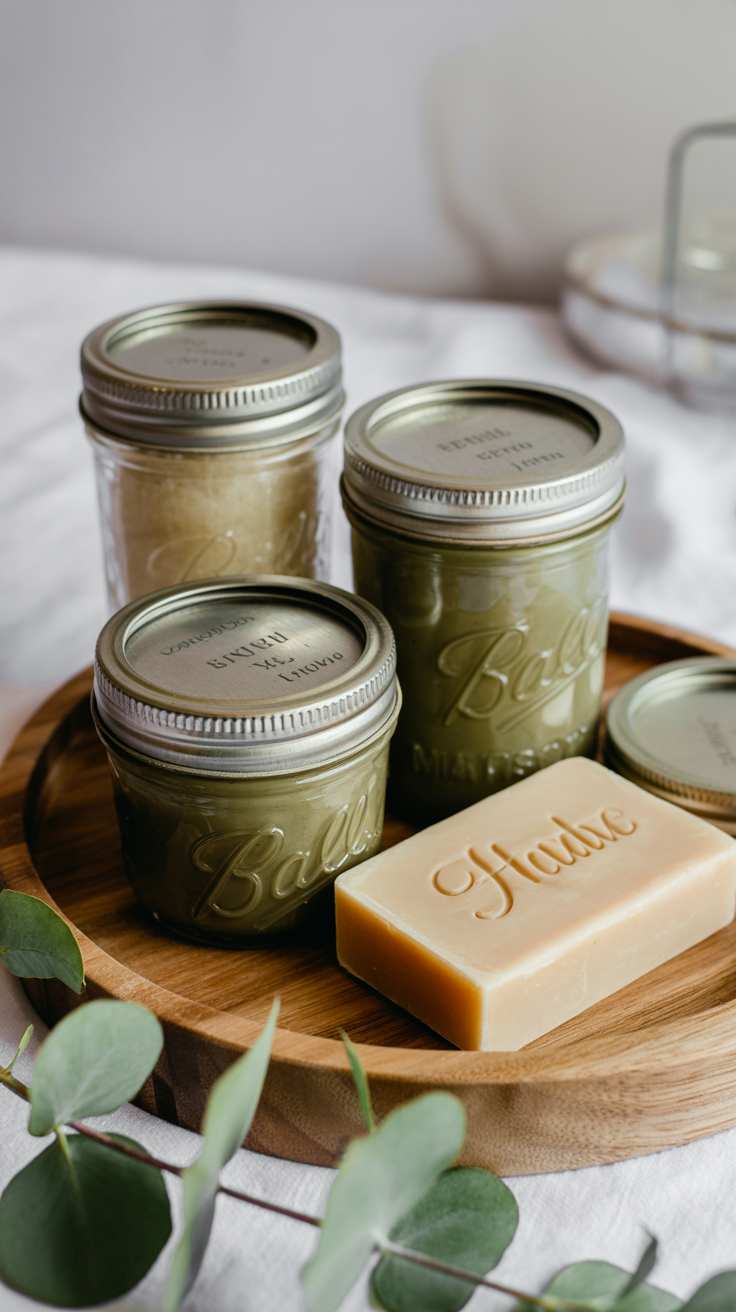 A spa-like setup: mason jars of scrub, soap bars on a wooden tray, eucalyptus leaves adding a natural touch.