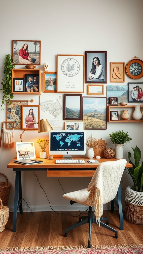 A stylish home office with personal touches, including framed photos and decorative plants.