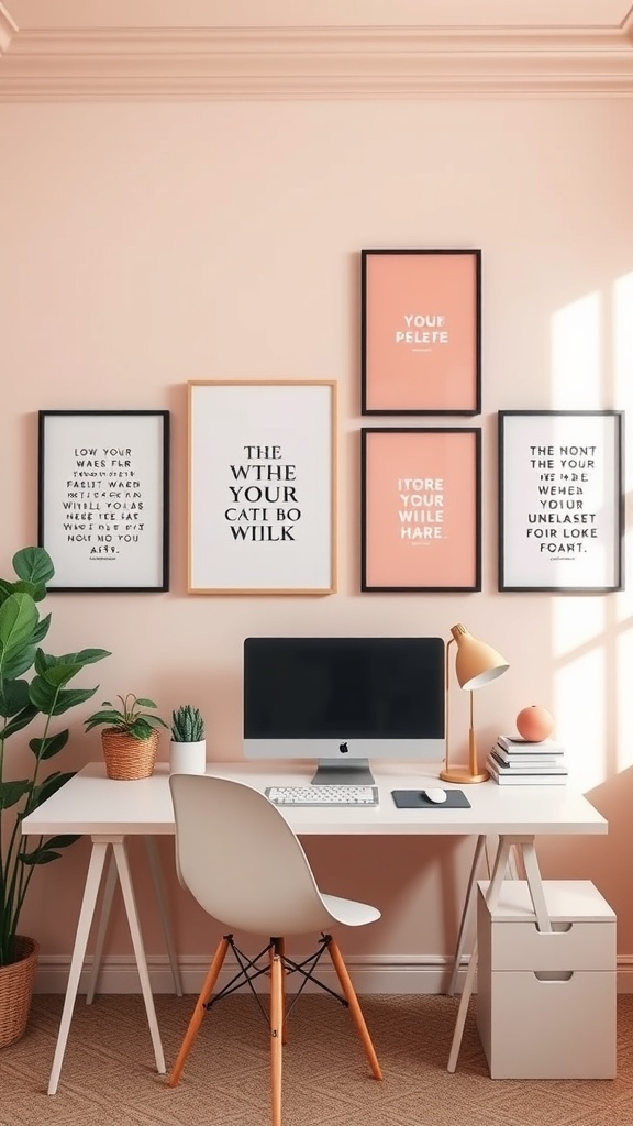 A stylish home office with inspiring wall art displays featuring framed quotes on a pink wall.