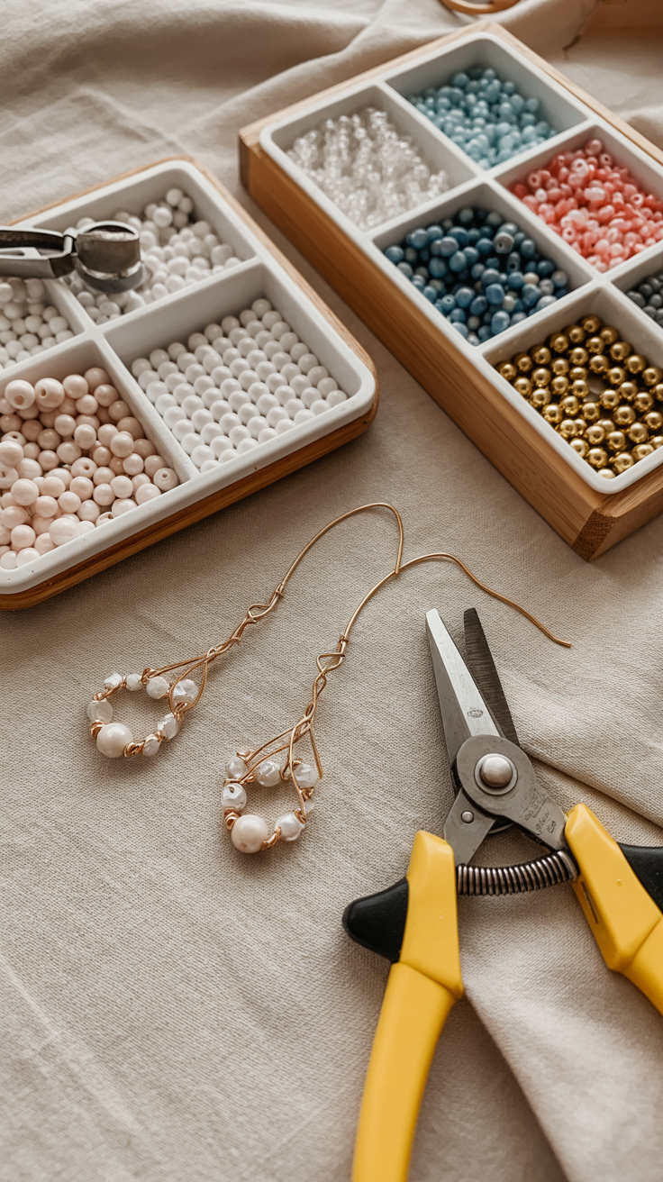 A bright table with bead trays, wire cutters, and delicate earrings in progress against a soft fabric backdrop.