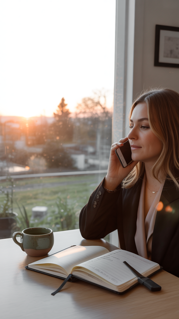 A serene scene: a professional woman talking to a client on a phone while having her open journal with goal lists, a calming cup of herbal tea, and a sunrise visible through the window.