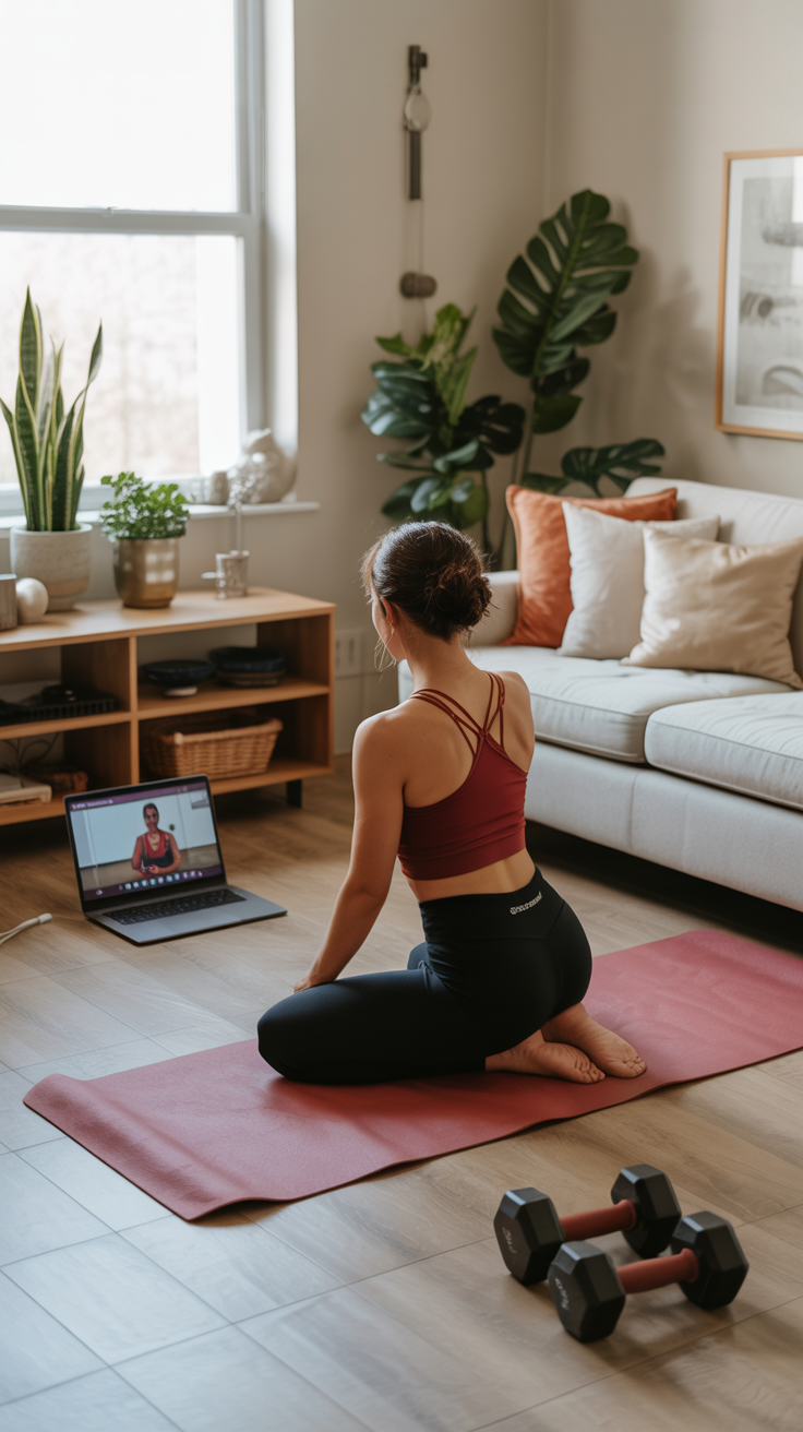 A living room converted to workout space: yoga mat, dumbbells, laptop showing a Zoom class in progress.