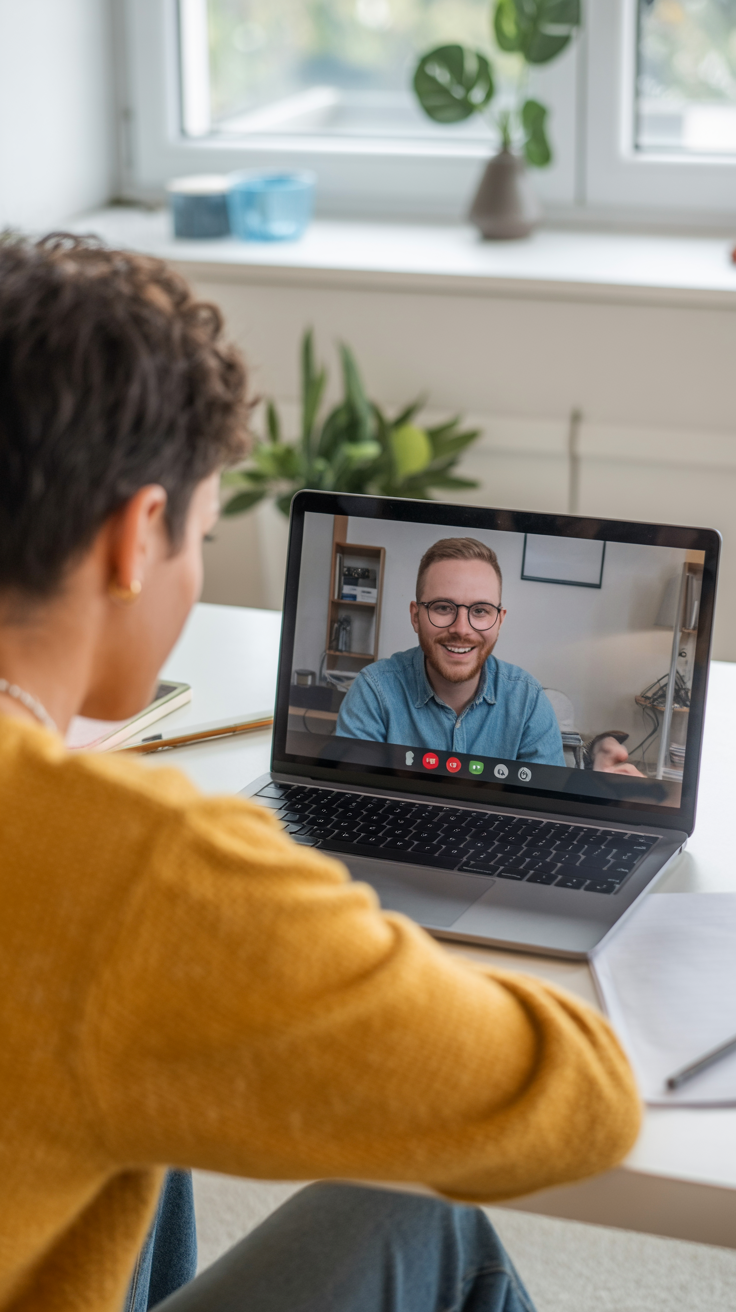 A student on a laptop in a video chat with his smiling tutor