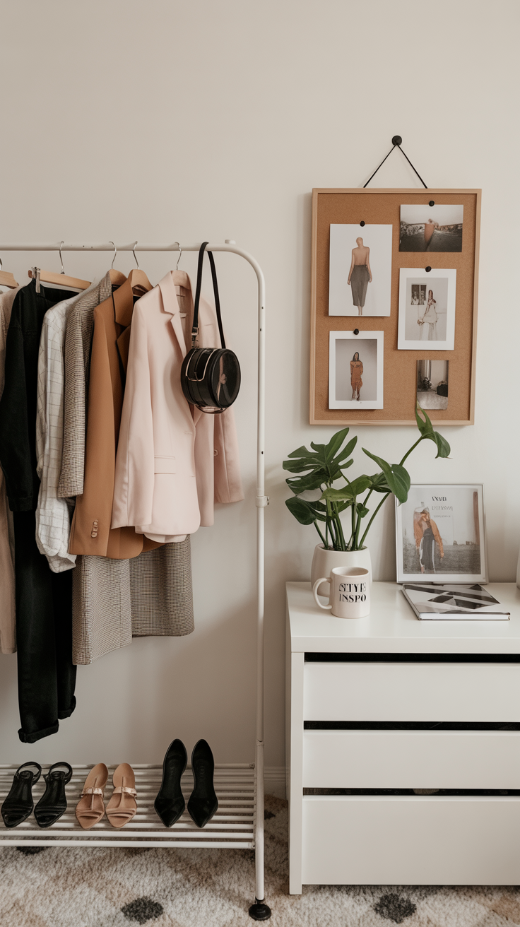 A chic setting: clothing rack with curated outfits, mood-board pinned nearby, and a “style inspo” coffee mug.