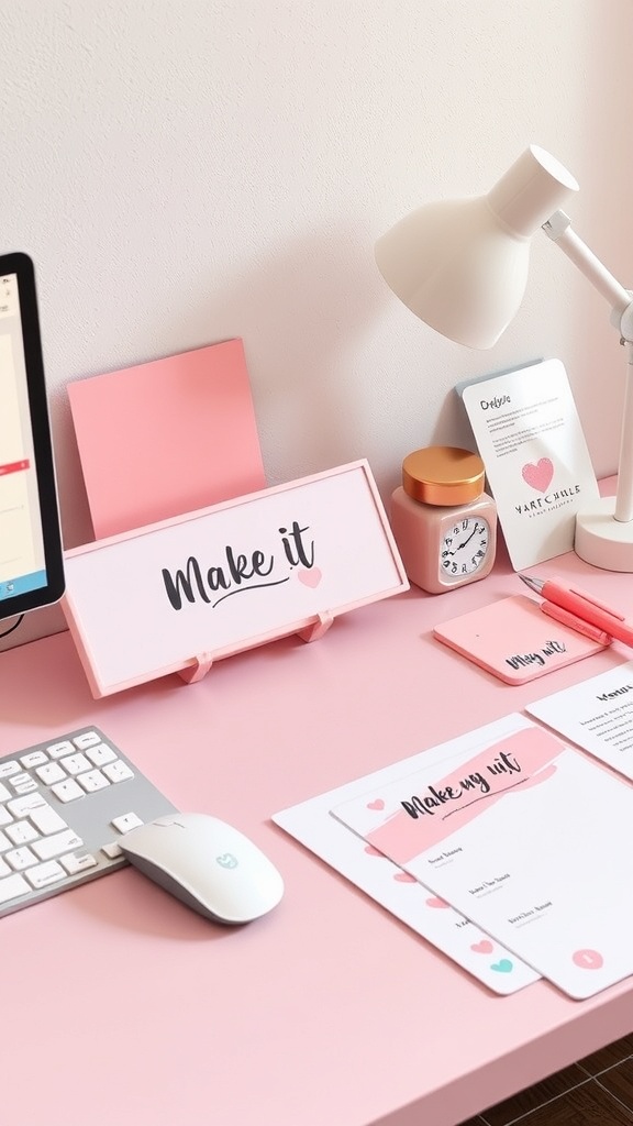 A pink-themed desk with personalized accessories, including a lamp, a clock, and stationery, creating a stylish workspace.