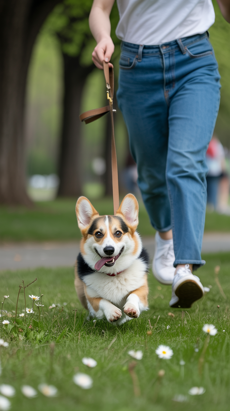 A playful park scene of someone dashing after a joyful corgi, leash in hand, daisies dotting the grass.