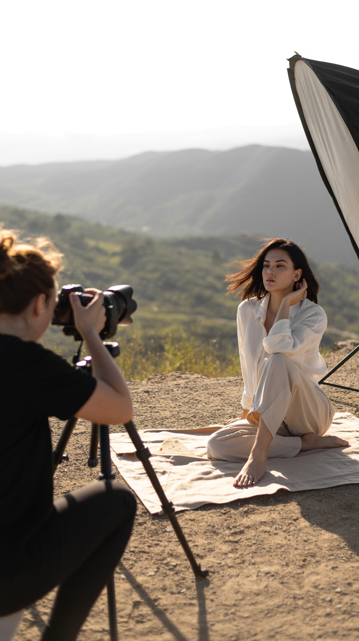 A sun-drenched photo shoot in a serene scene features a woman posing for the camera while a photographer takes her photo using a DSLR on a tripod, focusing on a styled product, with a light diffuser to the side.