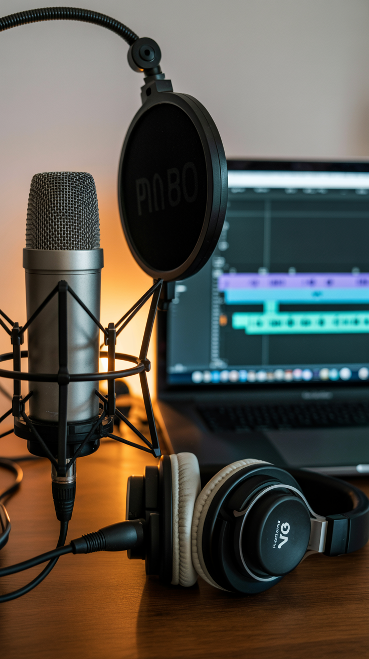 A home studio corner with a mic, pop filter, editing timeline visible on a laptop, and cozy headphones resting nearby.