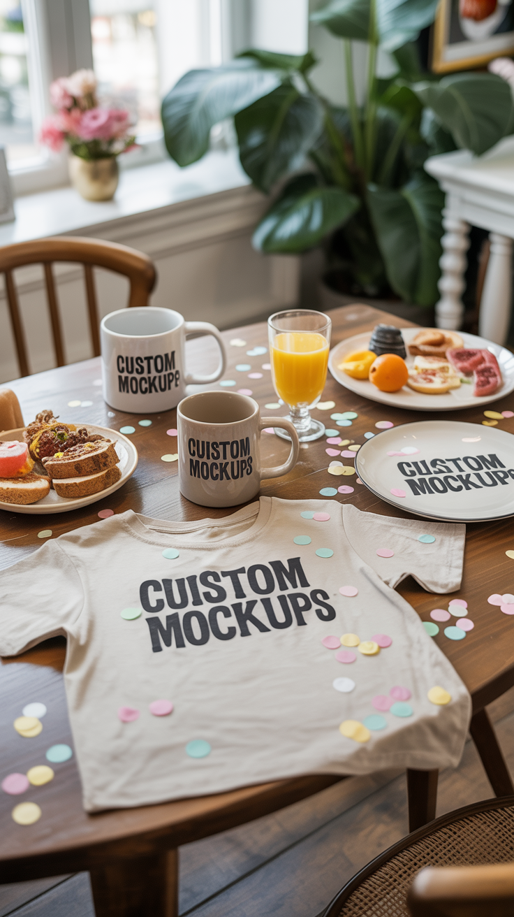 A brunch table strewn with custom T-shirt, mug, and sticker mockups, confetti gently falling around them.