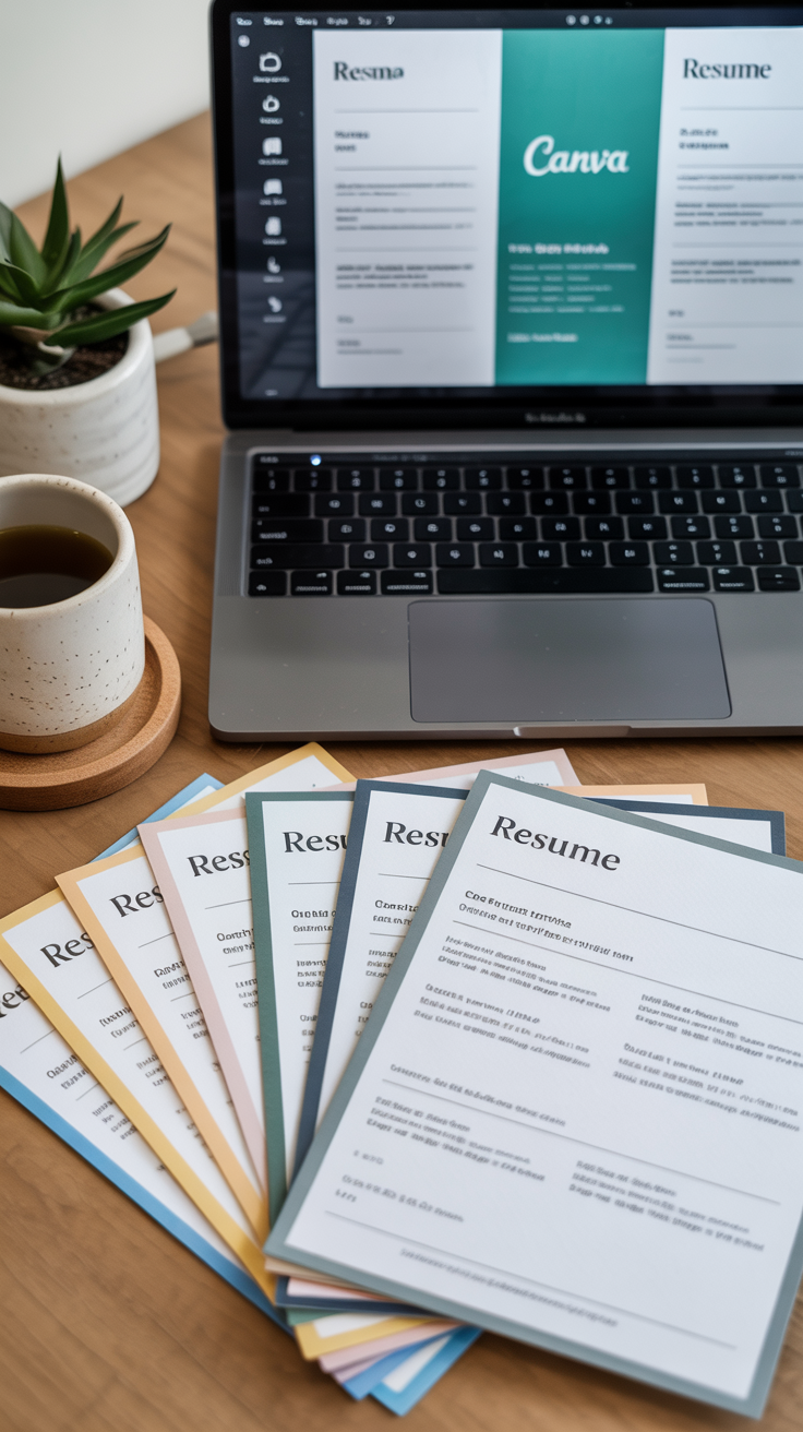 A neat presentation: printed resume templates in various styles fanned out, a laptop showing editable Canva files.

