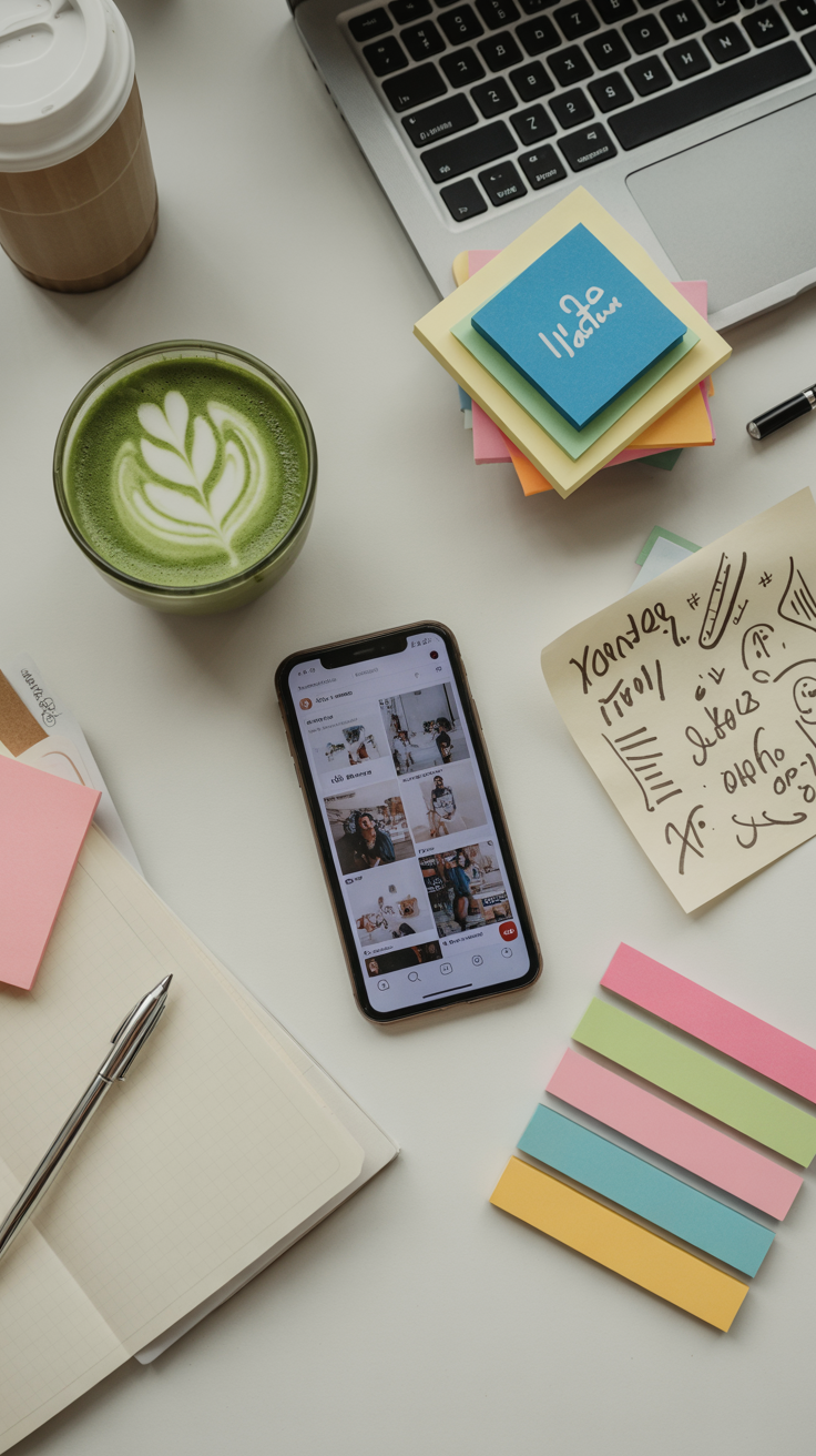 A bright desk with a phone displaying social feeds, scattered matcha latte, and colorful post-it notes covered in doodles.