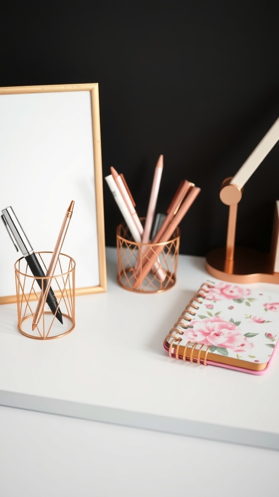 Stylish desk organizers with rose gold pen holders, a floral notebook, and a picture frame