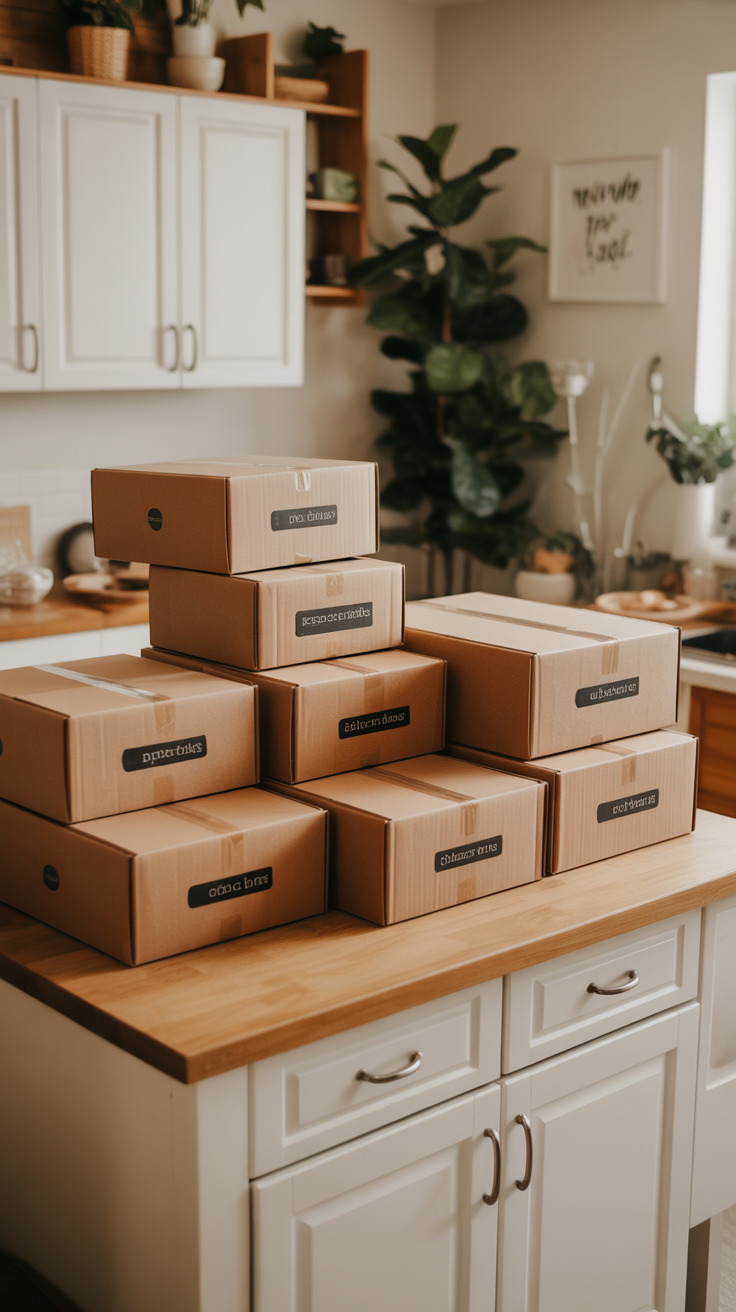 A kitchen island covered in neatly stacked subscription boxes, ready to be shipped out to customers.
