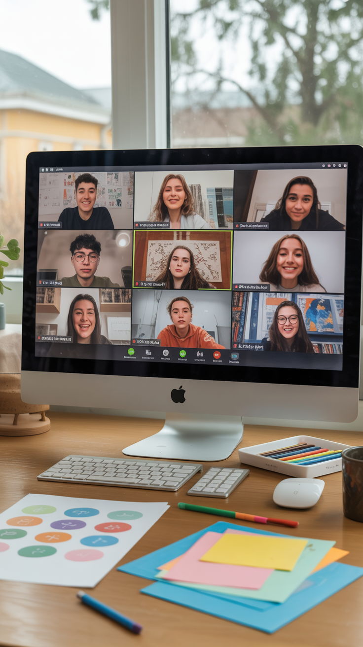 A bright computer screen during a Zoom video call with enthusiastic teens. Each teen is on the Zoom video call screen. Colorful handouts on the table, and art supplies at the ready.
