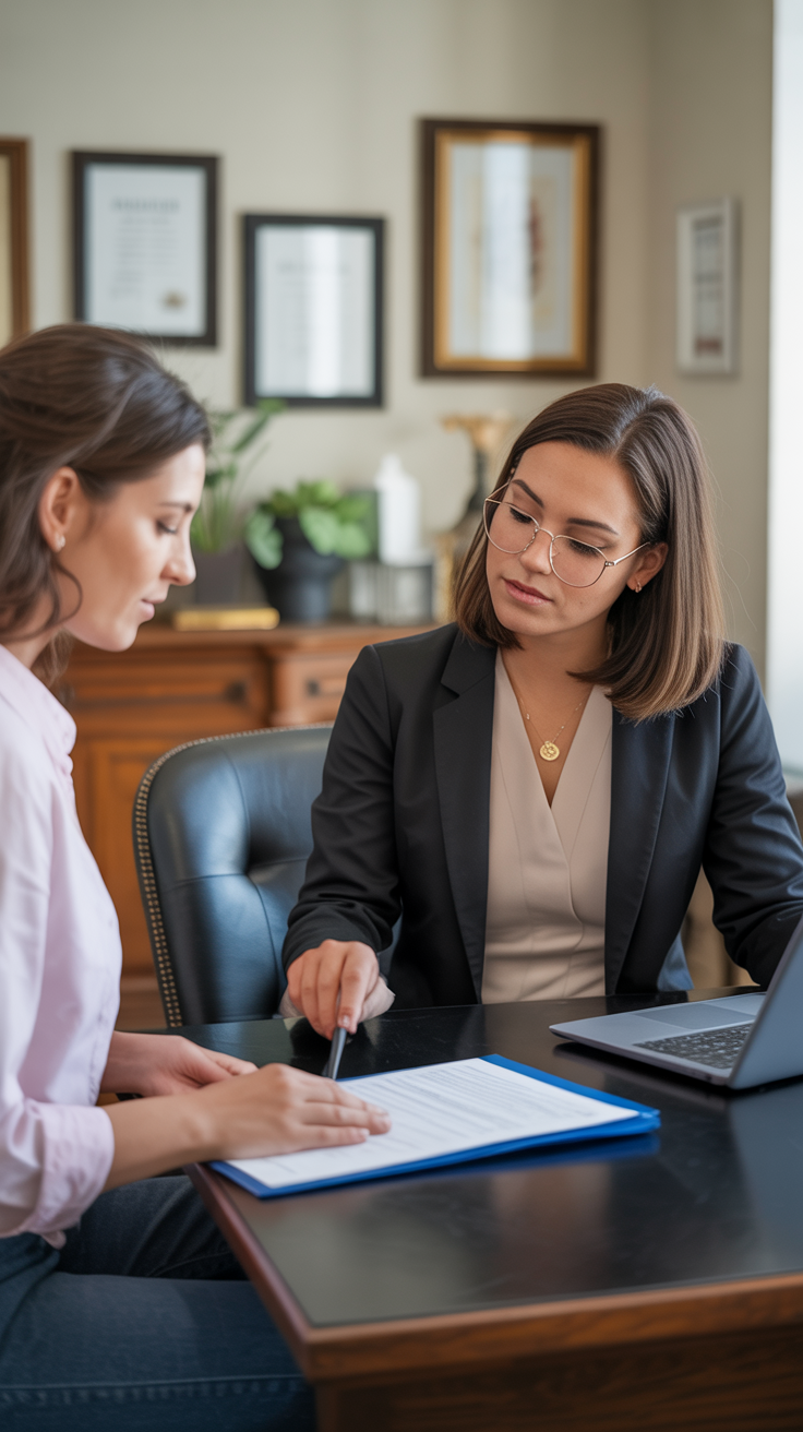 A professional woman is providing bilingual services to a local notary business. She is sitting next to a client who needed translation services for her documents that needed to be notarized. 