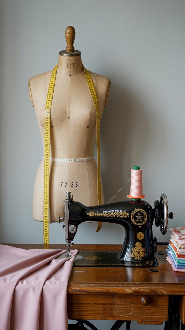 A sewing table: vintage sewing machine, colorful fabric scraps, measuring tape draped over a mannequin.