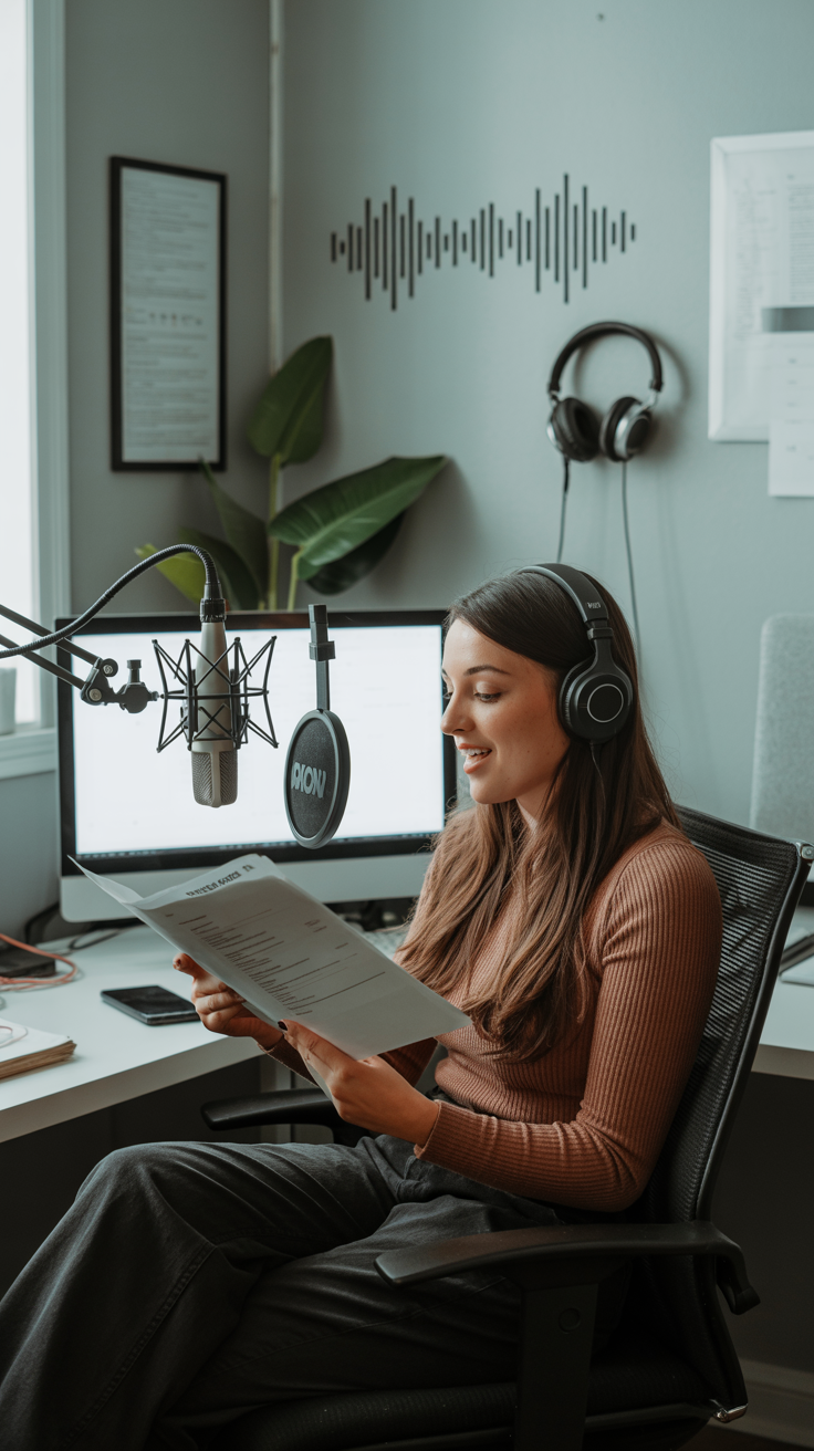 A woman in a cozy corner office doing a voiceover reading a script featuring a USB mic on a boom arm, headphones hung neatly, and soundwave stickers on the wall.
