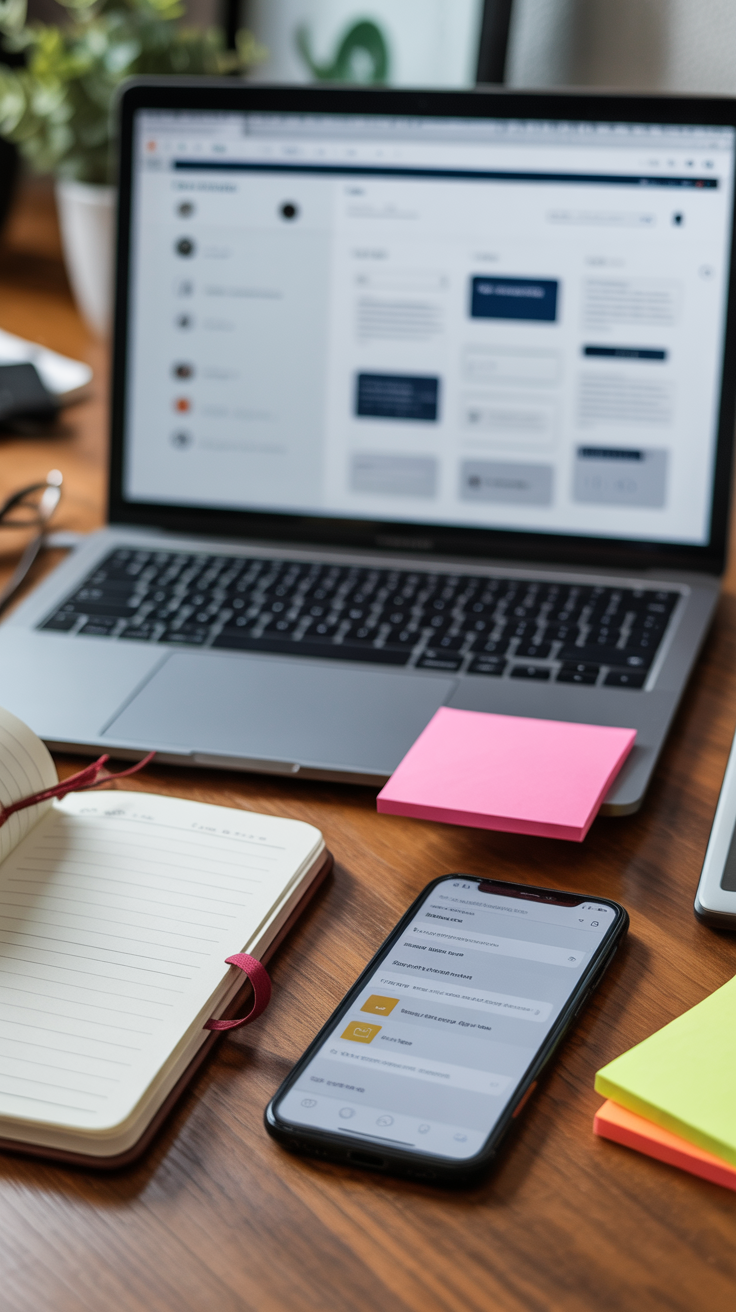 A tester’s desk: smartphone showing an app interface, sticky notes marking bugs, and a magnifying glass.