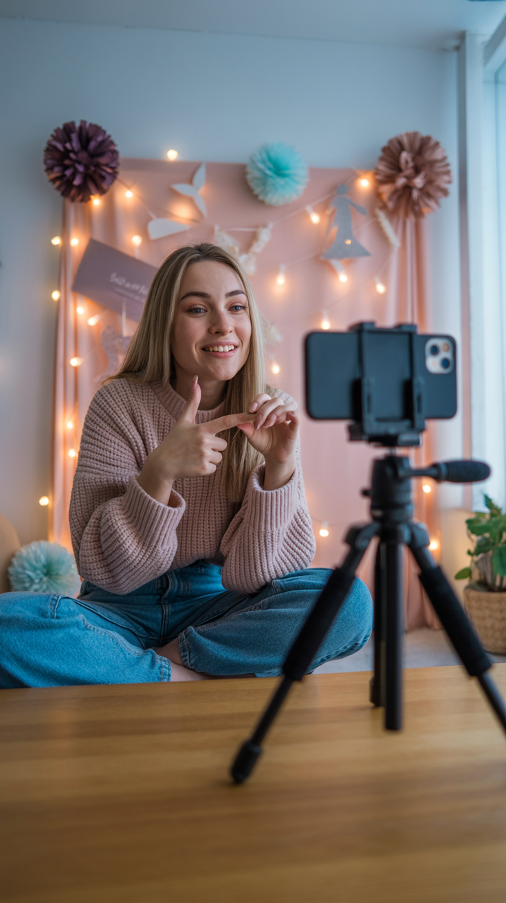 A casual corner setup: a YouTuber using her smartphone on a tripod, pointing at a fun backdrop of props and fairy lights.